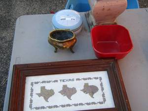 lot 210 image: Vase, Texas framedcross stitched art, red bowl, tin can