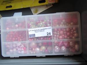 lot 24 image: pink beads, red beads and white beads