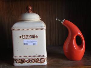 lot 305 image: BISCOTTI JAR   OLIVE OIL DISPENSER...