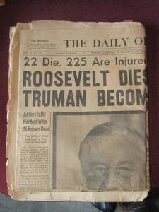 lot 306 image: Newspaper from April 13,1945 - ROOSEVELT DIES
