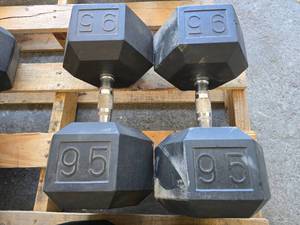 lot 58 image: Pair of 95lb Rubber Hex Dumbbells