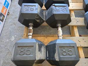 lot 60 image: Pair of 85lb Rubber Hex Dumbbells