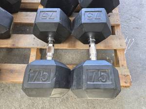 lot 62 image: Pair of 75lb Rubber Hex Dumbbells