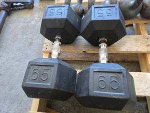 lot 64 image: Pair of 65lb Rubber Hex Dumbbells