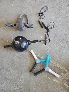 lot 127 image: Lot of Misc Exercise Equipment.  Includes HECo Stix, RCK 360, Dmoose Ab Roller & Jump Ropes