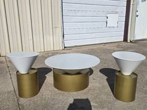 lot 10 image: Lot of 3 Matching White & Gold Modern Offset Tables.  Includes 1 Coffee Table 30 x 16 & 2 End Tables 15 x 21.5.  MATCHES SOFA IN LOT 9 & DINING TABLE IN LOT 2