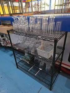 lot 20 image: Black Wire Shelf w Misc Glassware.  Includeds All Glassware Pictured.
