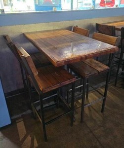 lot 30 image: Solid Wood Butcher Block Top Bar Height Table w 4 Steel & Wood Matching Chairs