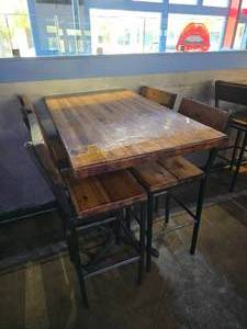 lot 31 image: Solid Wood Butcher Block Top Bar Height Table w 4 Steel & Wood Matching Chairs