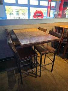 lot 32 image: Solid Wood Butcher Block Top Bar Height Table w 4 Steel & Wood Matching Chairs