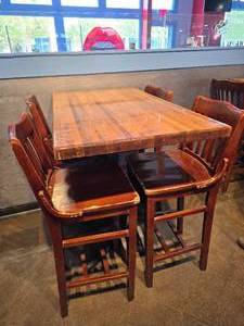 lot 33 image: Solid Wood Butcher Block Top Bar Height Table w 4 Chairs