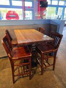 lot 34 image: Solid Wood Butcher Block Top Bar Height Table w 4 Chairs