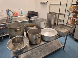 lot 73 image: Large Lot of Alunimum Pots & Cookware.  Includes everything on the table.