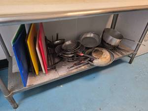 lot 77 image: Lot of Misc Commercial Wookware.  Includes Cutting Boards, Pots, Pans�everything on the shelf