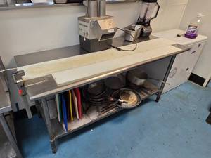 lot 81 image: Stainless Steel Prep table w Attached Can Opener.  Contents of table not included.