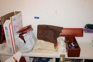 lot 65 image: Wooden box, arm rest organizer, bubble envelopes, cord or cable clips