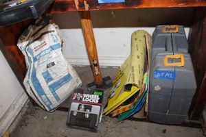 lot 192 image: Wheel locks, sledge hammer, sandpaper, Ryobi sander, and more