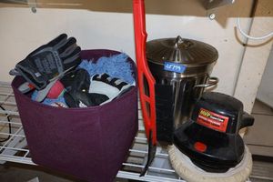 lot 179 image: Bufferpolisher, gloves, metal storage trash bin, gloves and more