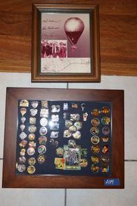 lot 9 image: Autographed picture of Double Eagle balloon and frame balloon pins, see photos.