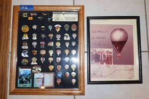 lot 8 image: Autographed picture of Double Eagle balloon and frame balloon pins, see photos.