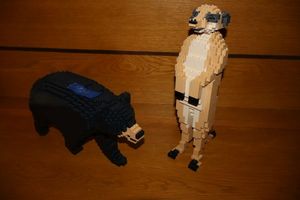 lot 24 image: JEKCA Lion Animal Plastic Building Blocks  Age 14. Black bear and Meerkat