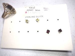 lot 241 image: Jewelry Red stone ring possibly garnet and red and yellow stone earrings as marked