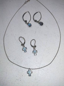 lot 225 image: Jewelry cross wire necklace with matching earrings, and Blue quartz Sterling silver 925 earrings