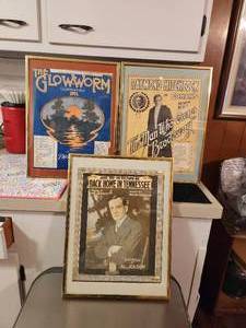 lot 88 image: Selection of 3 framed vintage music sheets - Back Home in Tennessee, The Man who owns Broadway, and The Glowworm