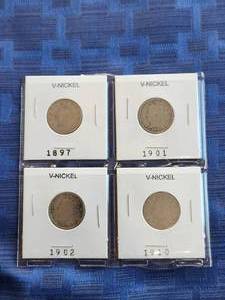 lot 61 image: Selection of V-Nickels - 1897, 1901, 1902, 1910