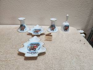 lot 41 image: Collectible vintage Emmett Kelly Jr - porcelain Christmas themed candlestick holder, bell, and candy dishes - all E. Kelly Jr signed