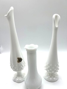 lot 23 image: Two Fenton Swung Vases and Milk Glass Vase