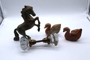 lot 36 image: Vintage Items - Brass Horse, Marble Swans, Glass Door Knob