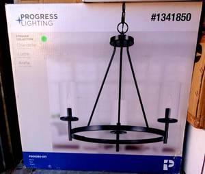 lot 51 image: NEW IN BOX - Progress Lighting 1341850 3-Light Black Chandelier