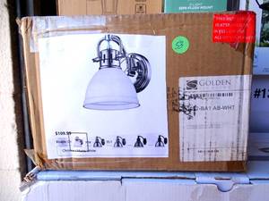 lot 53 image: Golden Lighting Duncan 9 Tall Bathroom Sconce - NEW IN BOX Model 3602-BA1 AB-WHT