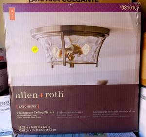 lot 59 image: NEW - NEW IN BOX - LOWES $79.98  Allen  Roth Latchbury 2 -Light 14.02-in Brushed Nickel Flush Mount Light Item #810107   Model #B10105