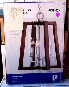 lot 64 image: Progress Lighting Forrester 3 -Light Satin Nickel and Teak Wood Farmhouse Lantern Medium Hanging Pendant light Item #1341853 