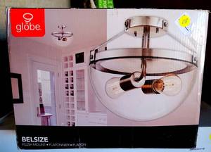 lot 118 image: NEW Belsize 12 in. 2-Light Brushed Steel Semi-Flush Mount with Clear Glass Shade, Vintage Incandescent Bulbs Included