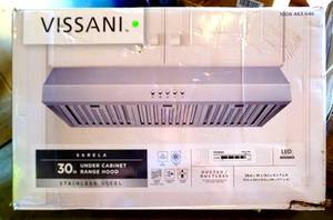 lot 160 image: BIG $$$ LOT - Vissani Sarela 30 in. W x 7 in. H 500CFM Convertible Under Cabinet Range Hood in Stainless Steel with LED Lights and Filter