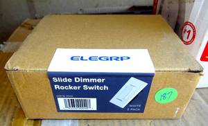 lot 187 image: NEW - ELEGRP Slide Dimmer Switch for Dimmable LED ,CFL,Incandescent Bulbs ,Single Pole 3-Way, Wall Plate Included, White (2-Pack)