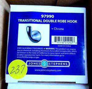 lot 237 image: CASE OF 5 - JONES STEPHENS CHROME TRANSITIONAL DOUBLE ROBE HOOK #97990