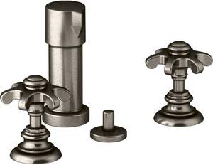 lot 243 image: BIG $$$$ LOT - KOHLER K-72765-3M-VNT Artifacts Widespread Bidet Faucet with Prong Handles, Vintage Nickel