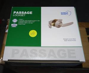 lot 253 image: NEW IN BOX  Shield Security Passage LOCKSET Straight Lever Style Nickel Finish Grade 3
