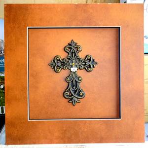 lot 20 image: CUSTOM MATTED WALL DISPLAY FEATURING ORNATE METAL CROSS - 18 SQUARE