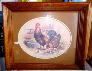 lot 54 image: Rooster Hen Chick Family Farmhouse Framed Print Art by T.C. Morris - FRAMED AND MATTED