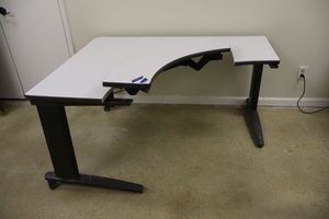 lot 336 image: Corner office desk with adjustable keyboard shelf - 46x58, 44 from corner to middle drawer, 28h