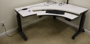 lot 338 image: Corner office desk with adjustable keyboard shelf - 46x58, 44 from corner to middle drawer, 28h