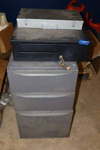 lot 375 image: Cash drawer, metal slide storage box, and file cabinet