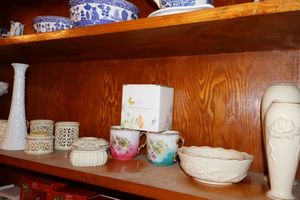 lot 28 image: White glass vases and compote, Lenox gold trim porcelain items