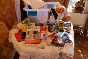 lot 78 image: Craft lot Pumpkin fabrics, colored pencils, scissors and more