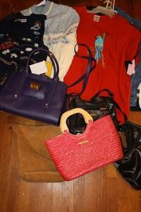 lot 106 image: Pursesbags, Christmas sweaters, and jean jacket